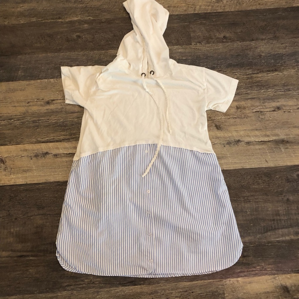 Umgee Cotton Blend Dress Hood Knee Length Pullover Shirt Dress Blue White Sz S